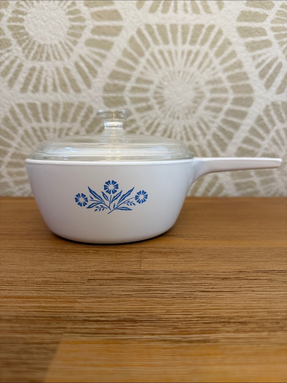 Vintage Corningware White Saucepan with Blue Floral Pattern and Glass Lid